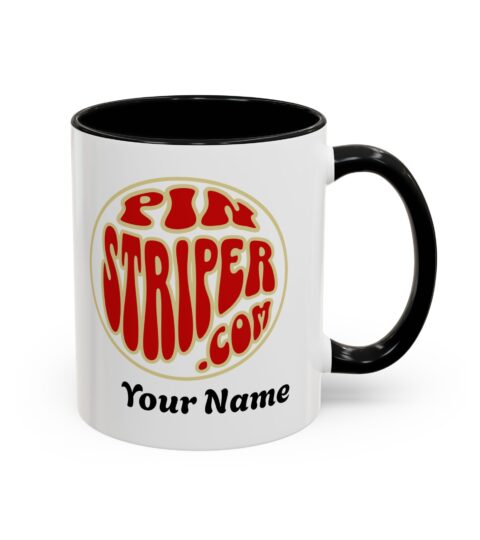 personalization add a name ….. Retro ‘Pin Striper .com’ Accent Coffee Mug — Red Logo Ceramic (11/15 oz)